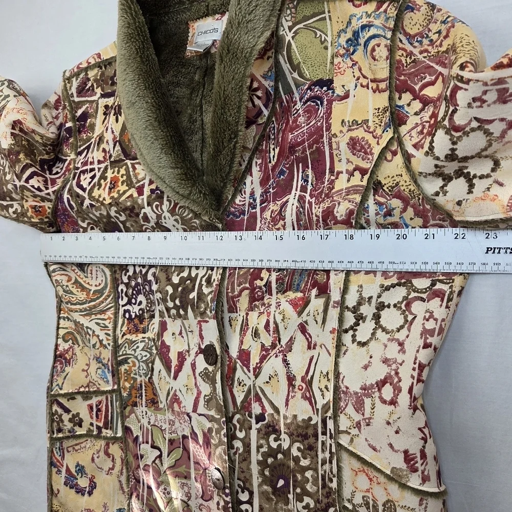 Chico’s Patchwork Tapestry‎ Coat Size 2 (L) Faux Fur Lined Boho Artsy Jacket